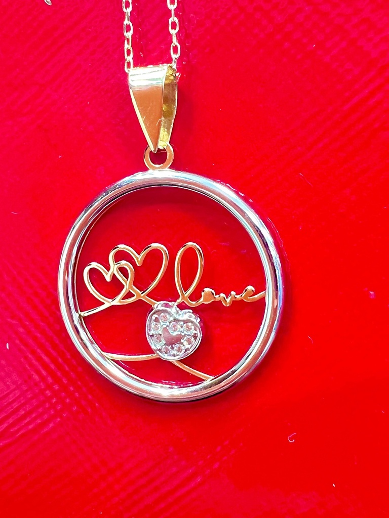 CADENA y COLGANTE Love con circonitas, Oro Amarillo y blanco de 18 kilates