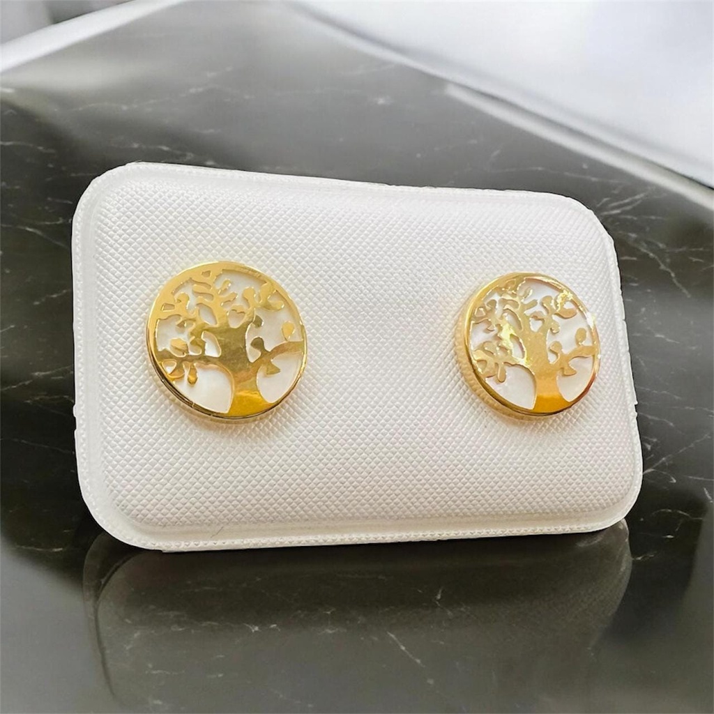 PENDIENTES Círculo ORO 18 K Amarillo y Madre perla. Árbol de la Vida