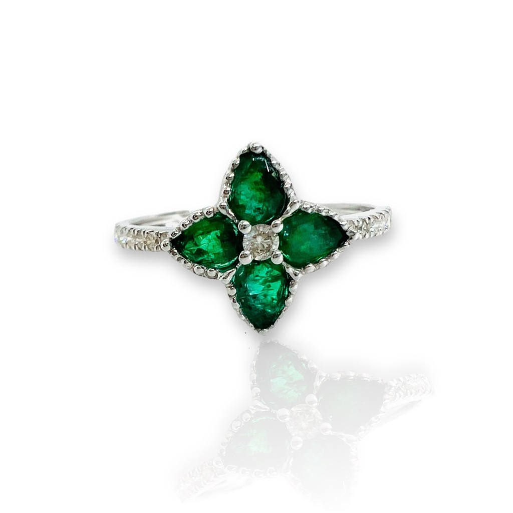 ANILLO ORO Blanco de 18 Kilates con Brillantes y Esmeraldas