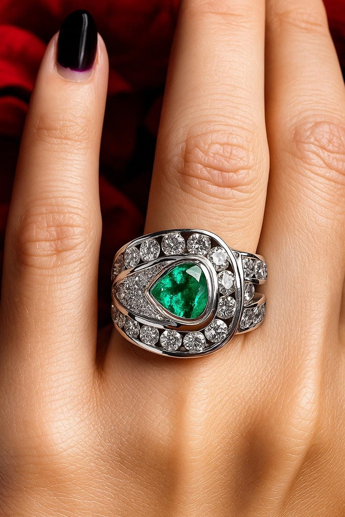 ANILLO de ESMERALDA y DIAMANTES en Oro Blanco 18 k, Anillo de Oro Blanco 18k con 