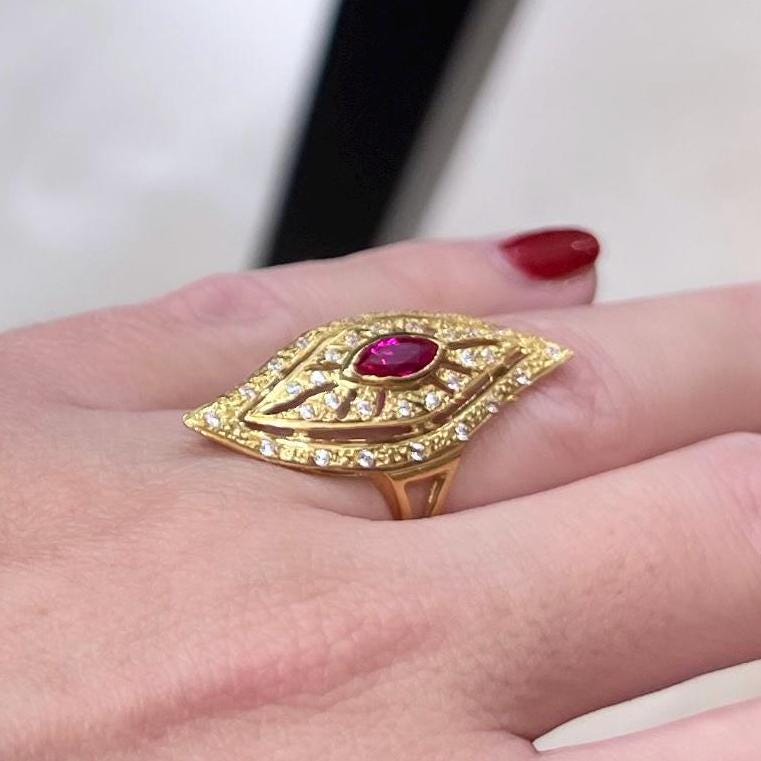 ANILLO Rubí y Circonitas MUJER, Anillo Lanzadera de Oro 18 k , 5,68 gramos de Peso