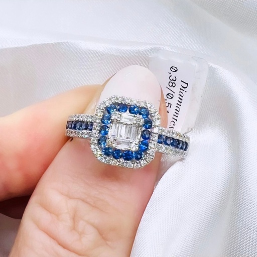 [An 203] ANILLO BRILLANTES y zafiro en Oro Blanco  de 18 kilates