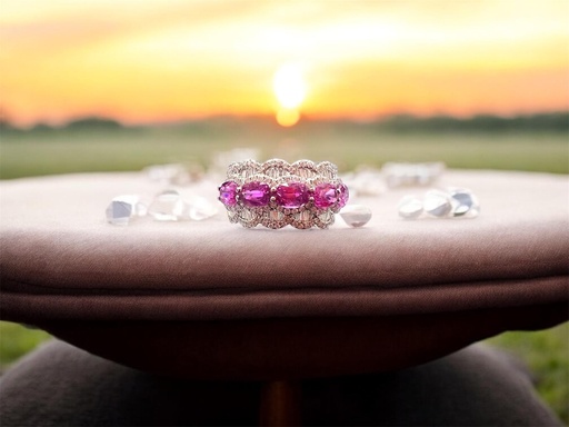 [P 1016] ANILLO de Zafiros Rosados y BRILLANTES en Oro Blanco 18 k