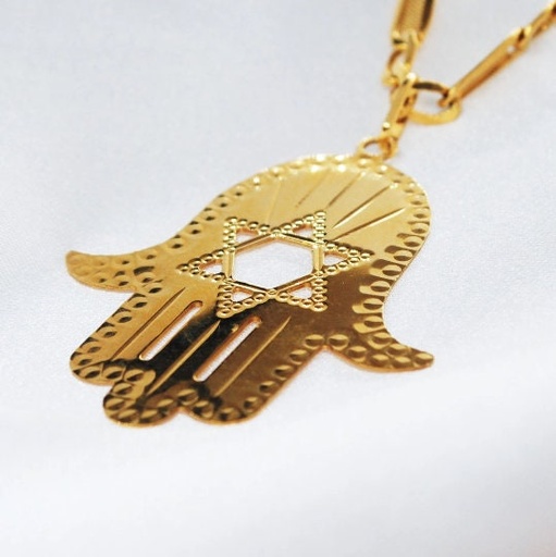 [Ca12] COLGANTE Mano con ESTRELLA de David de Oro Amarillo 18 kilates, colgante Mano Hamsa 18 kil Talismán, Colgante Religioso de Oro
