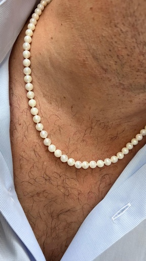 [Col 103] Collar de perlas redondas cultivadas japonesas naturales con cierre chapado en plata , Perlas Hombre y Mujer 