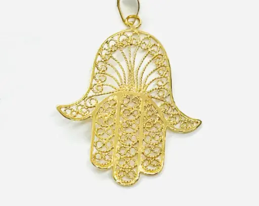 COLGANTE Mano de FÁTIMA Calada de Oro Amarillo 18 kilates, colgante Mano Hamsa 18 kil Talismán, Colgante Religioso de Oro