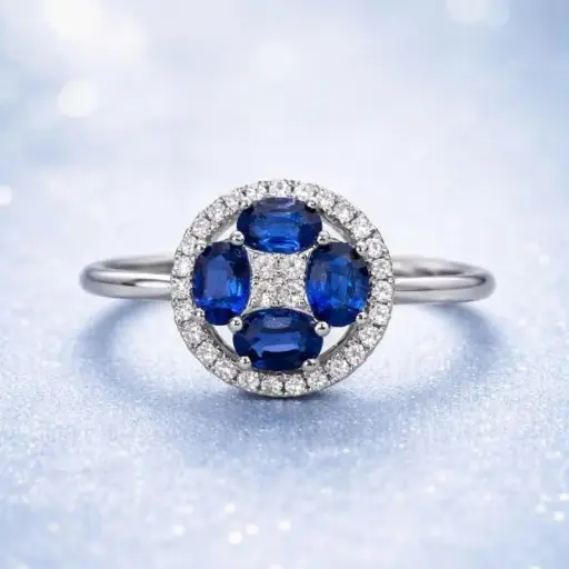 [An 77] ANILLO Flor de Zafiro y BRILLANTES de Oro blanco de 18 kilates