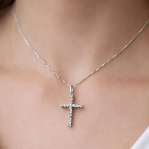 [Co 69] CADENA y COLGANTE en forma de Cruz de ORO Blanco de 18 kilates y Brillantes