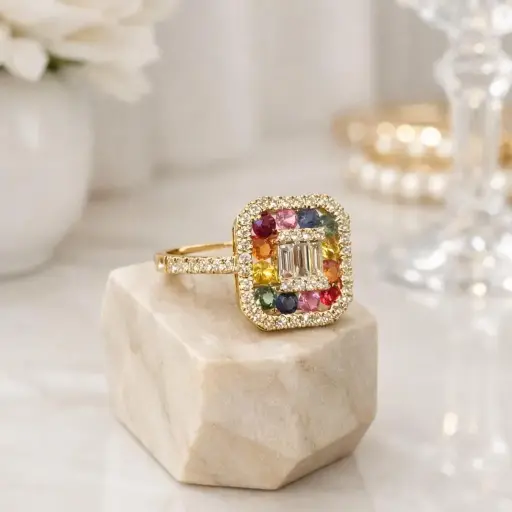 [A 64] ANILLO Oro Amarillo de 18 Kilates con Brillantes y Zafiros de colores