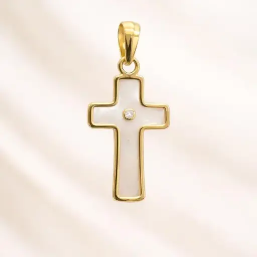 [Co 117] COLGANTE CRUZ Nácar, Oro Amarillo 18 kilates y un brillante