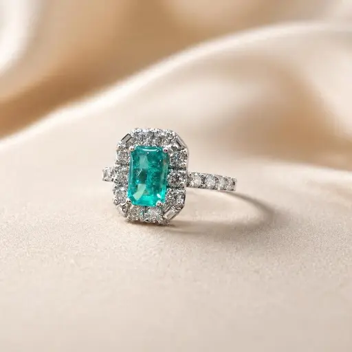 [P 1087] ANILLO ORO Blanco de 18 Kilates Esmeralda Colombiana y Brillantes