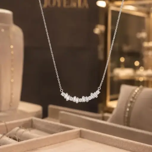 [CO1234] Collar de Oro Blanco de 18 Kilates con 13 Brillantes 